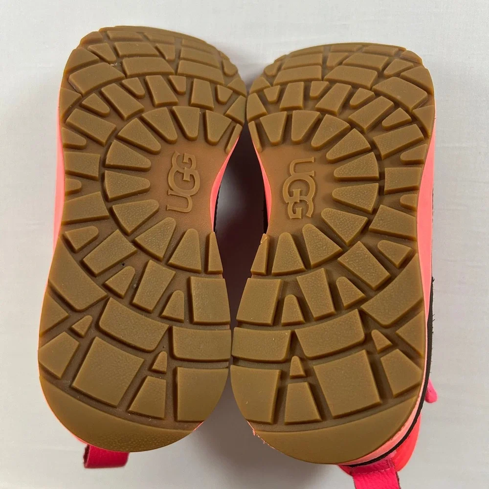 UGG Snow Boots Kids Girls Size 3 Brown Neon Pink Hook Loop Leather Winter Warm